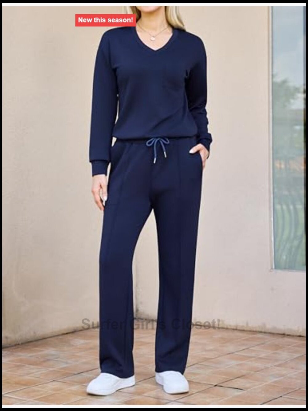 Women's 2 Piece Lounge Set Side Slit V-Neck Top & Wide Leg Pants Matching Outfit - Picture 2 of 7